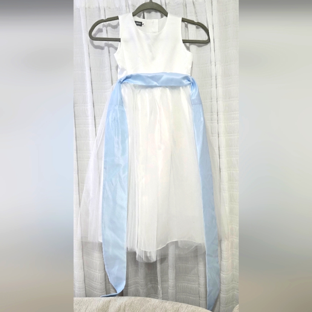 White Flower Girl Dress with Blue Sash